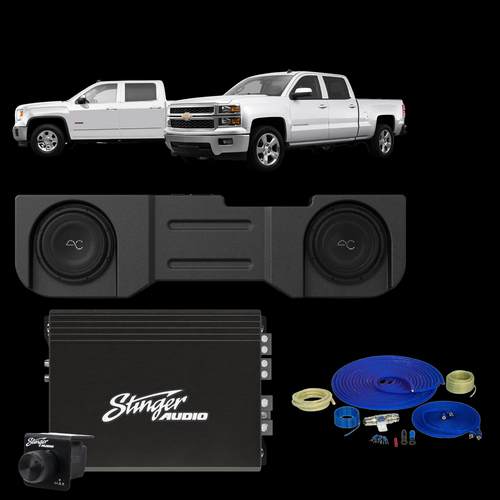 Chevy Silverado/GMC Sierra 1500 (2014-2018)/2500/3500 (2014-2019) Dual 10" Loaded Subwoofer Enclosure with Stinger Audio 1000W Monoblock Amplifier & Wiring Kit