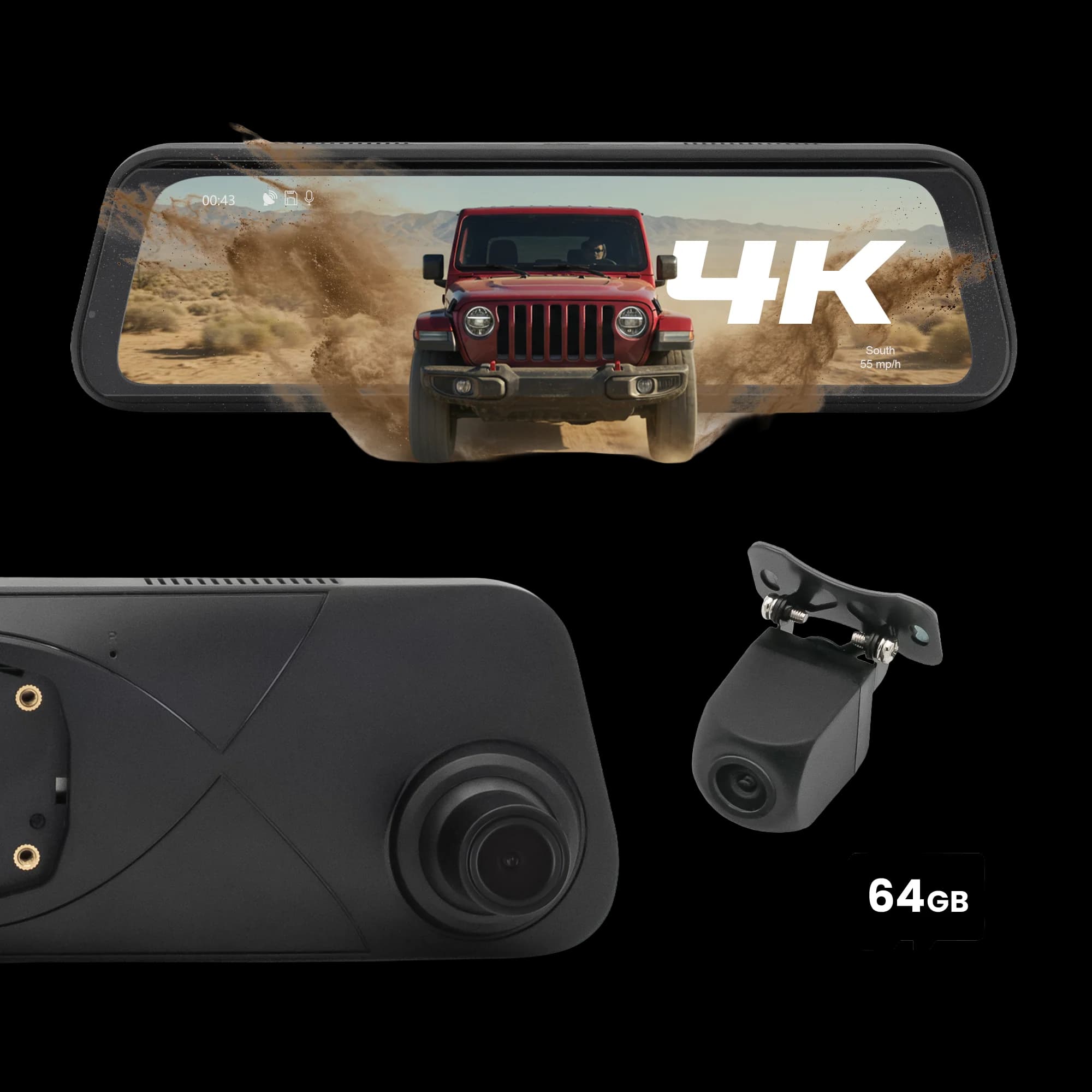 Stinger STR4K 9.66" 4K RearView DVR Monitor Mirror Camera | Front & Rear Dash/Backup Camera Kit